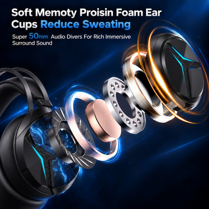 Geryst 2.4GHz Wireless Gaming Headset for PS5/PS4/Switch/PC, Bluetooth Over Ear Gaming Headphones with USB-C Wired Mode, 20ms Low Latency, 50mm Drivers, Noise Cancelling Mic, 40H Battery, Blue LED Lights