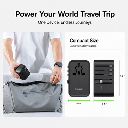 70W Universal Travel Adapter, 5-in-1 International Power Adapter with Retractable USB-C Cable, PD 3.0 Dual USB, Type A C G I Plugs for EU, US, UK, Australia and 200+ Countries, Fast Wall Charger