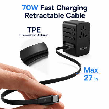 70W Universal Travel Adapter, 5-in-1 International Power Adapter with Retractable USB-C Cable, PD 3.0 Dual USB, Type A C G I Plugs for EU, US, UK, Australia and 200+ Countries, Fast Wall Charger