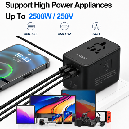 70W Universal Travel Adapter, 5-in-1 International Power Adapter with Retractable USB-C Cable, PD 3.0 Dual USB, Type A C G I Plugs for EU, US, UK, Australia and 200+ Countries, Fast Wall Charger