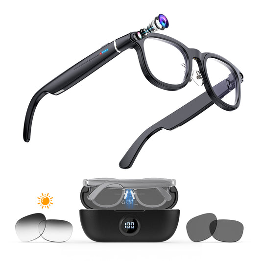 Geryst G1 AI Smart Glasses with Charging Case, 8MP HD Camera Glasses for Men Women, 1200P Video Recording Glasses, Open-Ear Speakers for Audio, Video Recording and Bluetooth, 3 Lens Sets