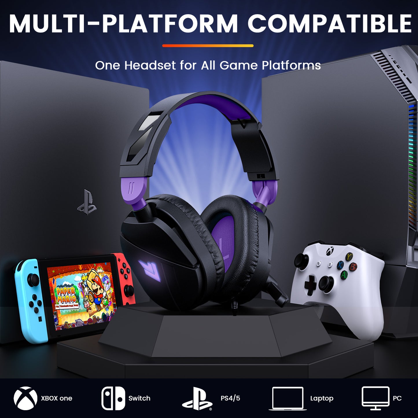 Aptkdoe Gaming Headsets with Noise Cancelling Microphone, Xbox One & PS5 PS4 Headphones, High-Quality Stereo Sound, LED Light, Soft Memory Earmuffs for Ultimate Comfort, Wired Over-Ear Headset for PC, Laptop