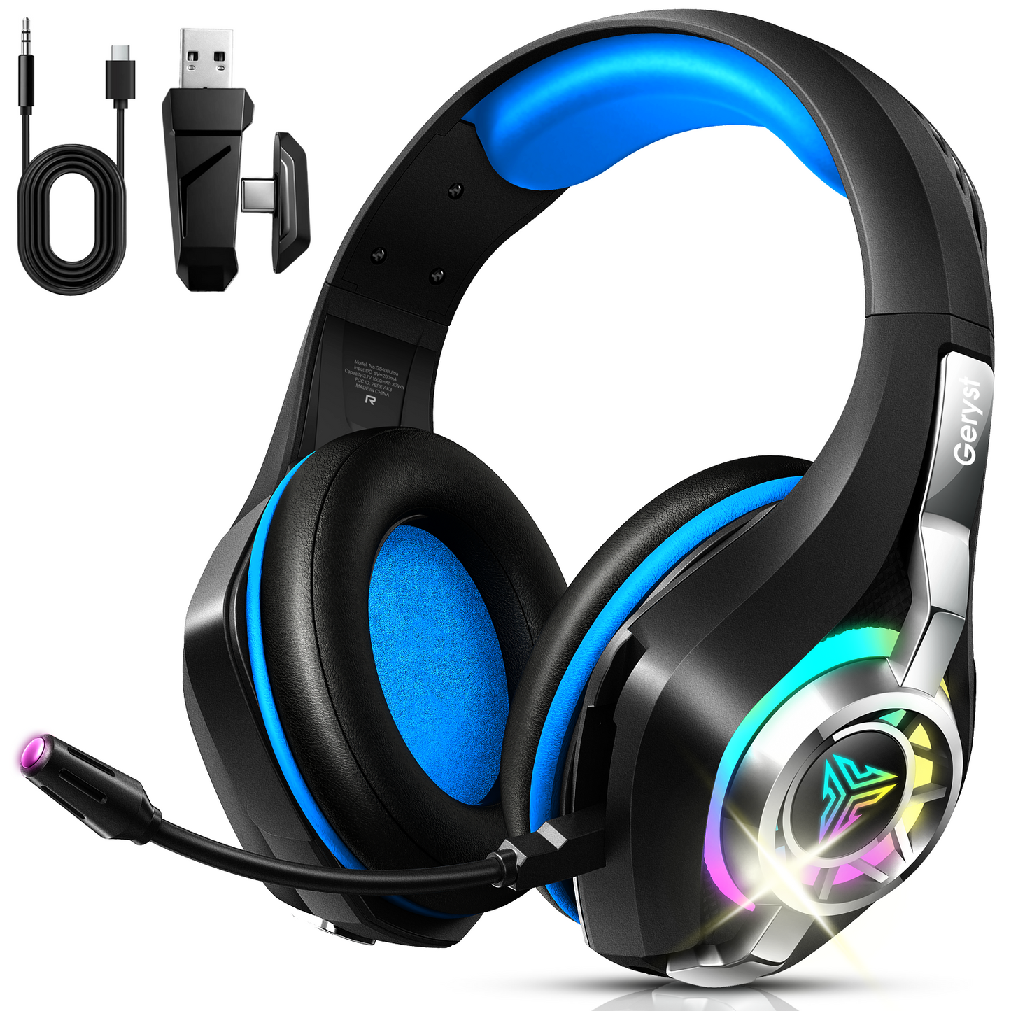 Geryst 2.4GHz Wireless Gaming Headset for PS4/PS5/Xbox/Switch/PC, Bluetooth Over Ear Headphones with ENC Noise Cancelling Mic,7.1 Stereo Surround Sound, 40mm Drivers, RGB Light, 45H Battery Gaming Headphone