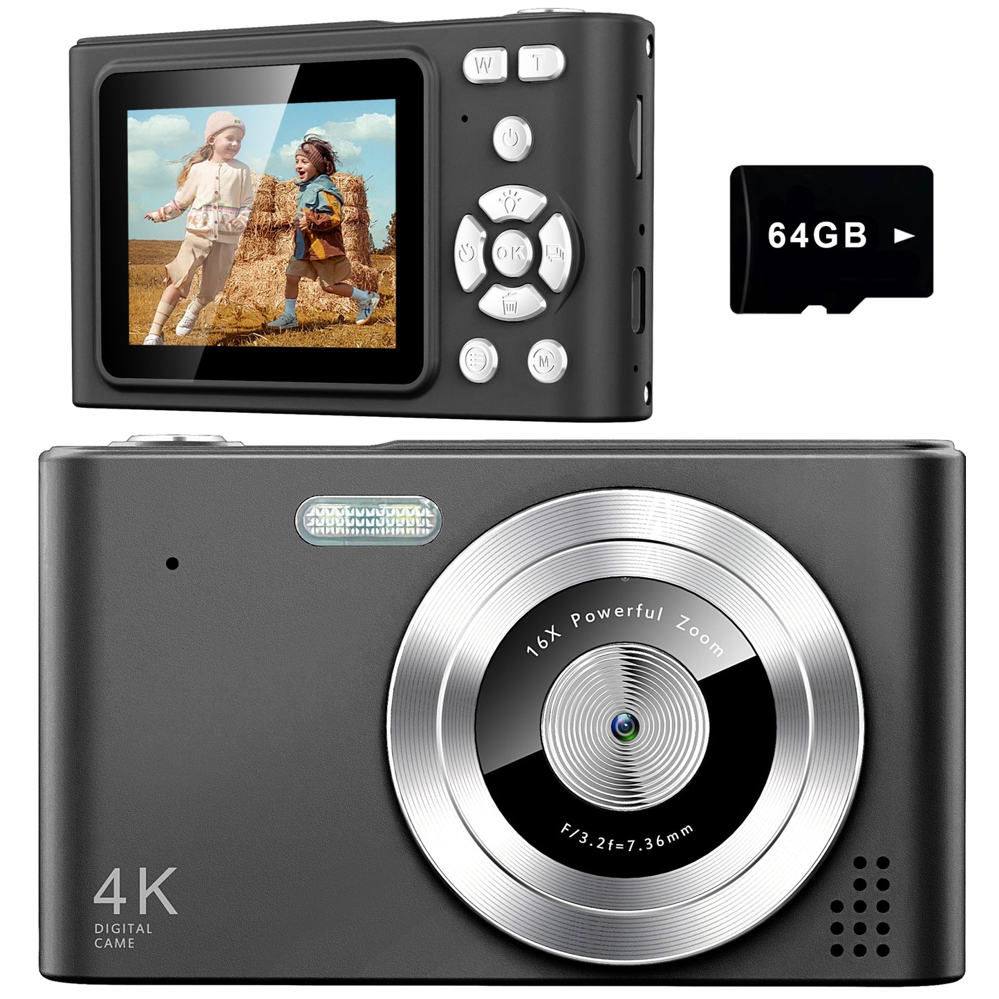 Geryst Digital Camera, Camera for Kids, UHD 4K 48MP Point and Shoot Digital Cameras with 64GB SD Card and 16X Digital Zoom Anti Shake, Compact Portable Small Gift for Boys Girls Students, Black