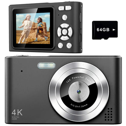 Geryst Digital Camera, Camera for Kids, UHD 4K 48MP Point and Shoot Digital Cameras with 64GB SD Card and 16X Digital Zoom Anti Shake, Compact Portable Small Gift for Boys Girls Students, Black