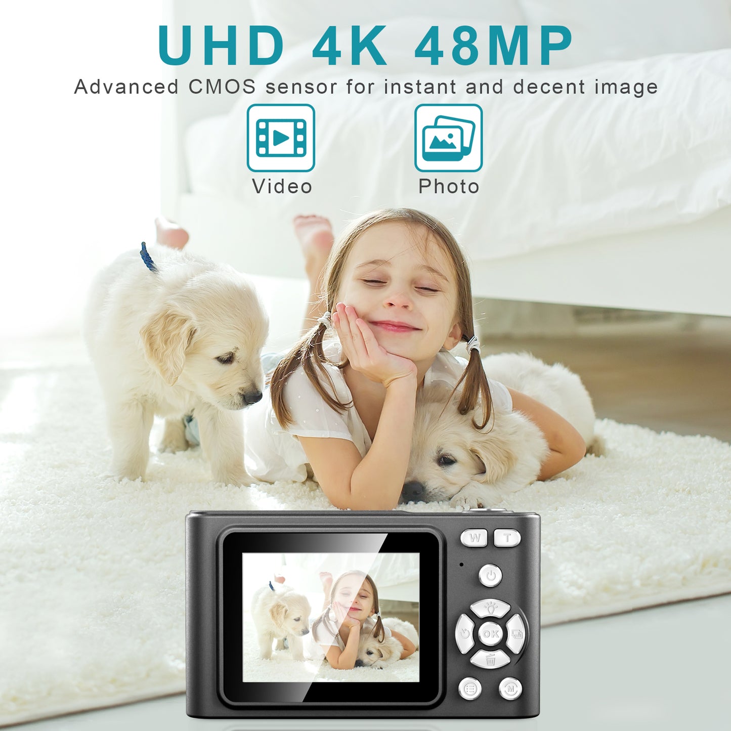 Geryst Digital Camera, Camera for Kids, UHD 4K 48MP Point and Shoot Digital Cameras with 64GB SD Card and 16X Digital Zoom Anti Shake, Compact Portable Small Gift for Boys Girls Students, Black