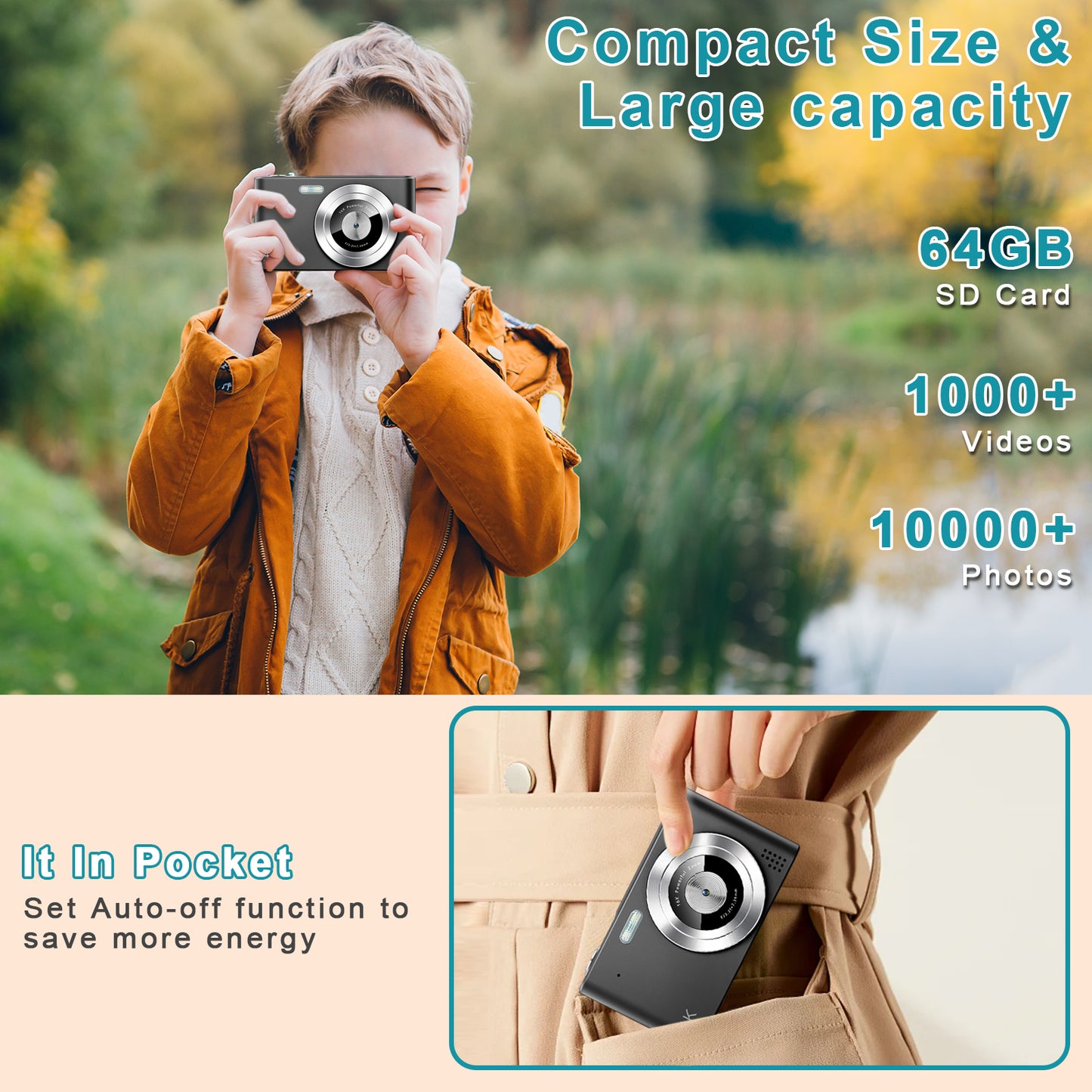 Geryst Digital Camera, Camera for Kids, UHD 4K 48MP Point and Shoot Digital Cameras with 64GB SD Card and 16X Digital Zoom Anti Shake, Compact Portable Small Gift for Boys Girls Students, Black
