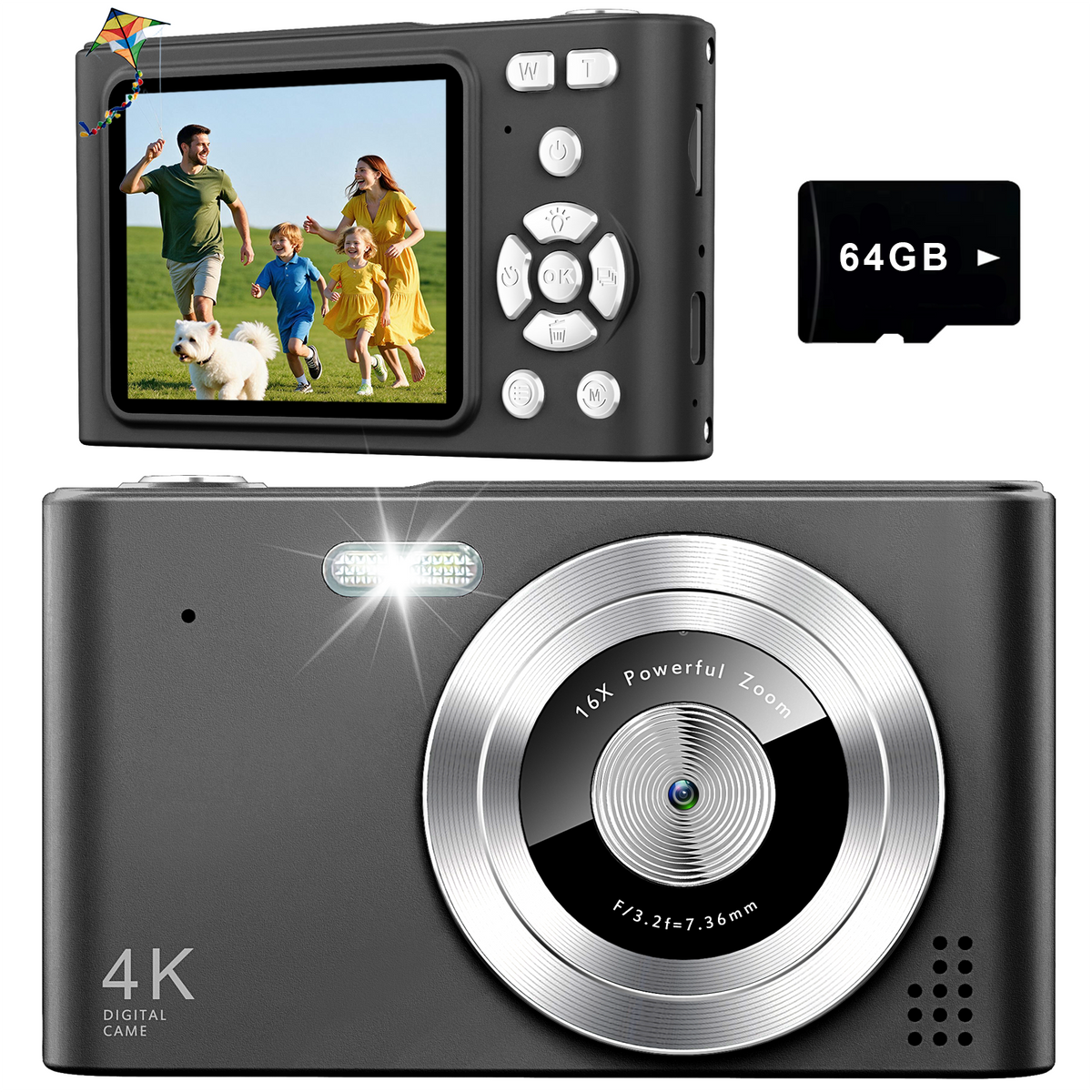 Geryst Digital Camera, Camera for Kids, UHD 4K 48MP Point and Shoot Digital Cameras with 64GB SD Card and 16X Digital Zoom Anti Shake, Compact Portable Small Gift for Boys Girls Students, Black