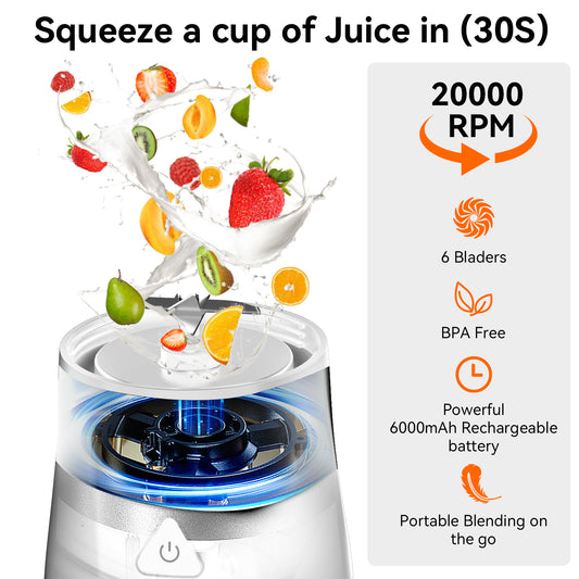 Btootos Portable Blender, 6000mAh Personal Blender with USB Rechargeable for Shakes and Smoothies, BPA Free 24 Oz Juicer Cup with 6 Blades and Lid, 360W Self Cleaning Portable Juicer for Home/Office/Travel