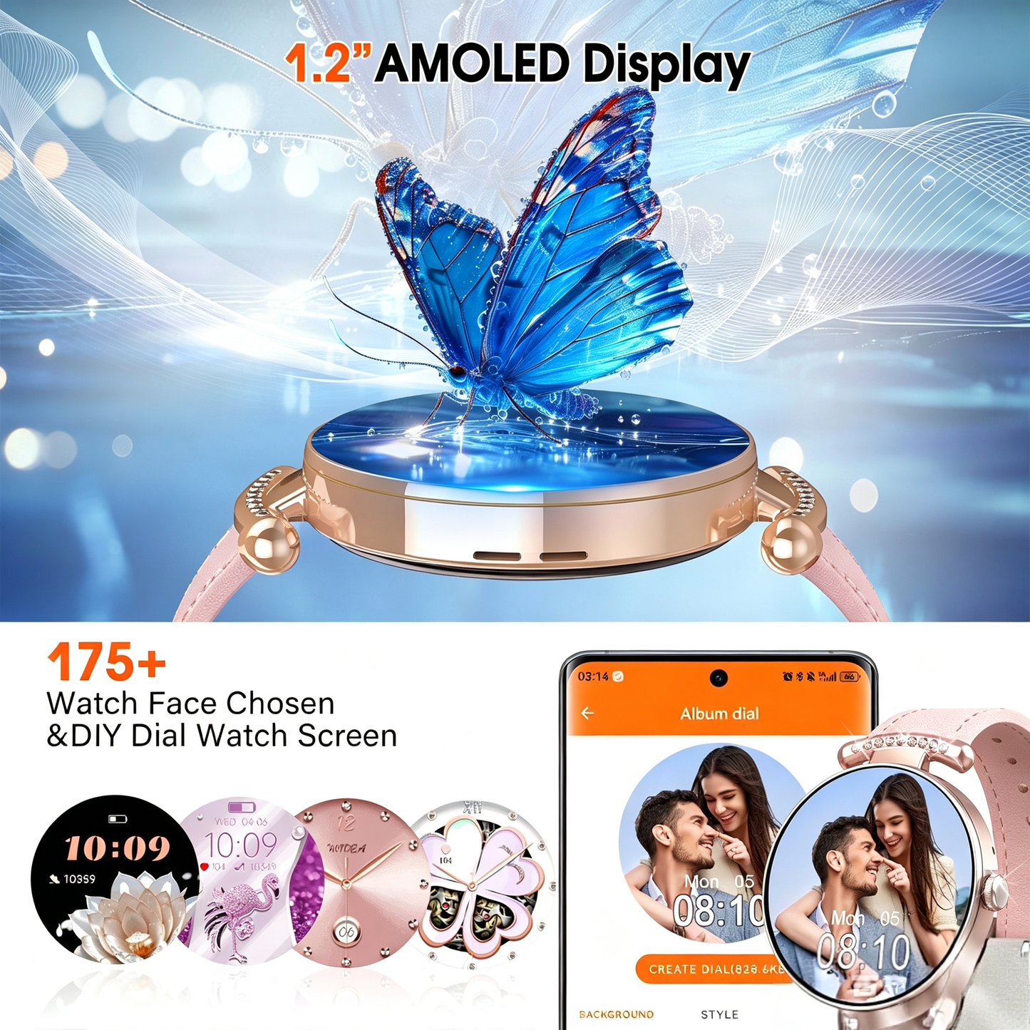 Geryst Smart Watches for Women, 1.2'' AMOLED HD Round Screen Fitness Trackers with Bluetooth Call (Answer/Make/Text), 100+ Sports Mode, IP68 Waterproof Women Smart Watch for Android IOS