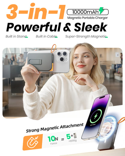 Btootos Magnetic Portable Charger for Magsafe, 10000mAh Power Bank, 22.5W Fast Charging Battery Bank, Built-in USB-C Cable with Foldable Stand and LED Display, Wireless Charger for iPhone 17/16, Andriod, etc