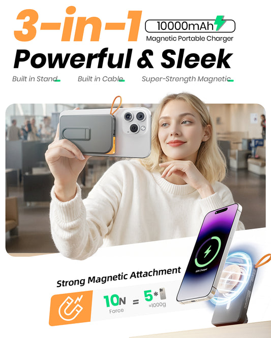 Btootos Magnetic Portable Charger for Magsafe, 10000mAh Power Bank, 22.5W Fast Charging Battery Bank, Built-in USB-C Cable with Foldable Stand and LED Display, Wireless Charger for iPhone 17/16, Andriod, etc