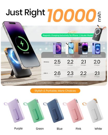 Btootos Magnetic Portable Charger for Magsafe, 10000mAh Power Bank, 22.5W Fast Charging Battery Bank, Built-in USB-C Cable with Foldable Stand and LED Display, Wireless Charger for iPhone 17/16, Andriod, etc
