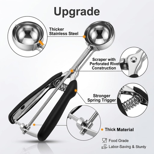 ocxu Cookie Dishers for Baking Set of 3, 18/8 Stainless Steel Cookie Scooper for Baking, Ice Cream Scooper with Trigger Release, Cookie Dough Scoop with Non-slip Grip