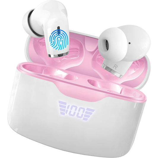 Wireless Earbud, Bluetooth 5.2 Headphones with LED Power Display, Bluetooth Earbud in Ear Noise Cancelling with Mic, Wireless Earphones with Deep Bass, IP7 Waterproof, 40H Playtime Ear Buds, Pink