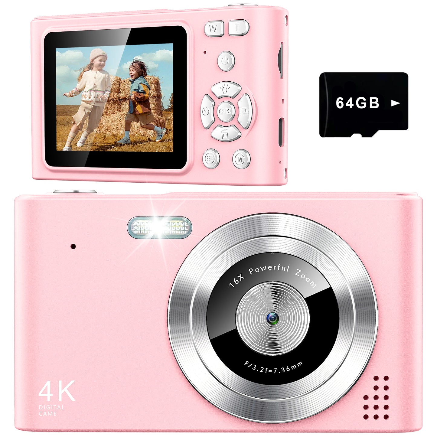 Geryst Digital Camera, Camera for Kids, UHD 4K 48MP Point and Shoot Digital Cameras with 64GB SD Card and 16X Digital Zoom Anti Shake, Compact Portable Small Gift for Boys Girls Students, Pink