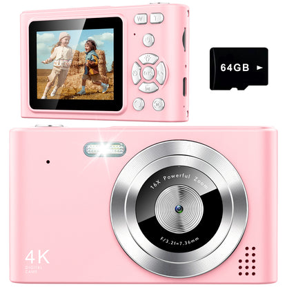 Geryst Digital Camera, Camera for Kids, UHD 4K 48MP Point and Shoot Digital Cameras with 64GB SD Card and 16X Digital Zoom Anti Shake, Compact Portable Small Gift for Boys Girls Students, Pink