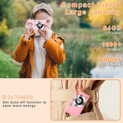 Geryst Digital Camera, Camera for Kids, UHD 4K 48MP Point and Shoot Digital Cameras with 64GB SD Card and 16X Digital Zoom Anti Shake, Compact Portable Small Gift for Boys Girls Students, Pink