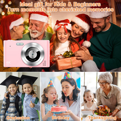 Geryst Digital Camera, Camera for Kids, UHD 4K 48MP Point and Shoot Digital Cameras with 64GB SD Card and 16X Digital Zoom Anti Shake, Compact Portable Small Gift for Boys Girls Students, Pink
