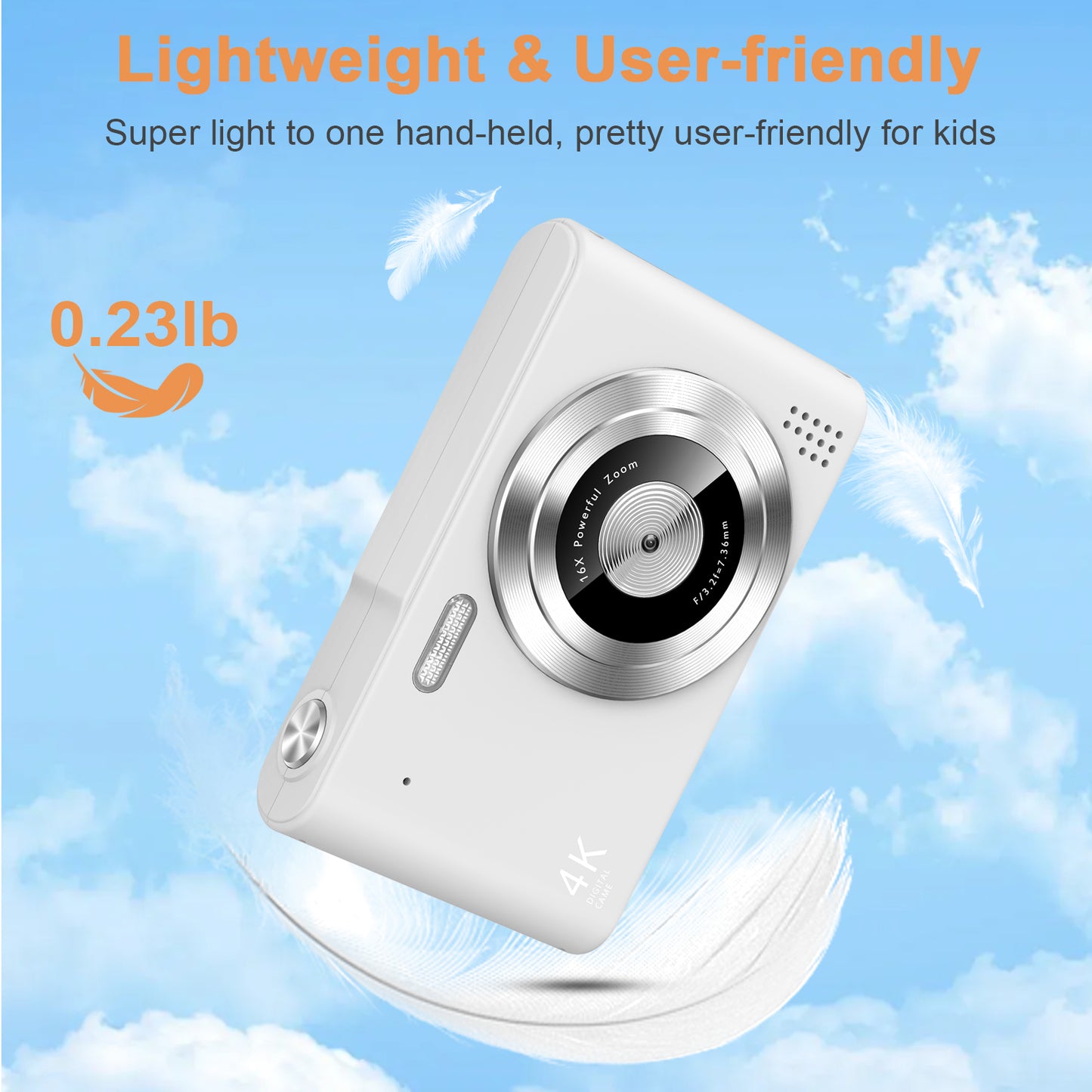 Geryst Digital Camera, Camera for Kids, UHD 4K 48MP Point and Shoot Digital Cameras with 64GB SD Card and 16X Digital Zoom Anti Shake, Compact Portable Small Gift for Boys Girls Students, White