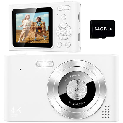 Geryst Digital Camera, Camera for Kids, UHD 4K 48MP Point and Shoot Digital Cameras with 64GB SD Card and 16X Digital Zoom Anti Shake, Compact Portable Small Gift for Boys Girls Students, White