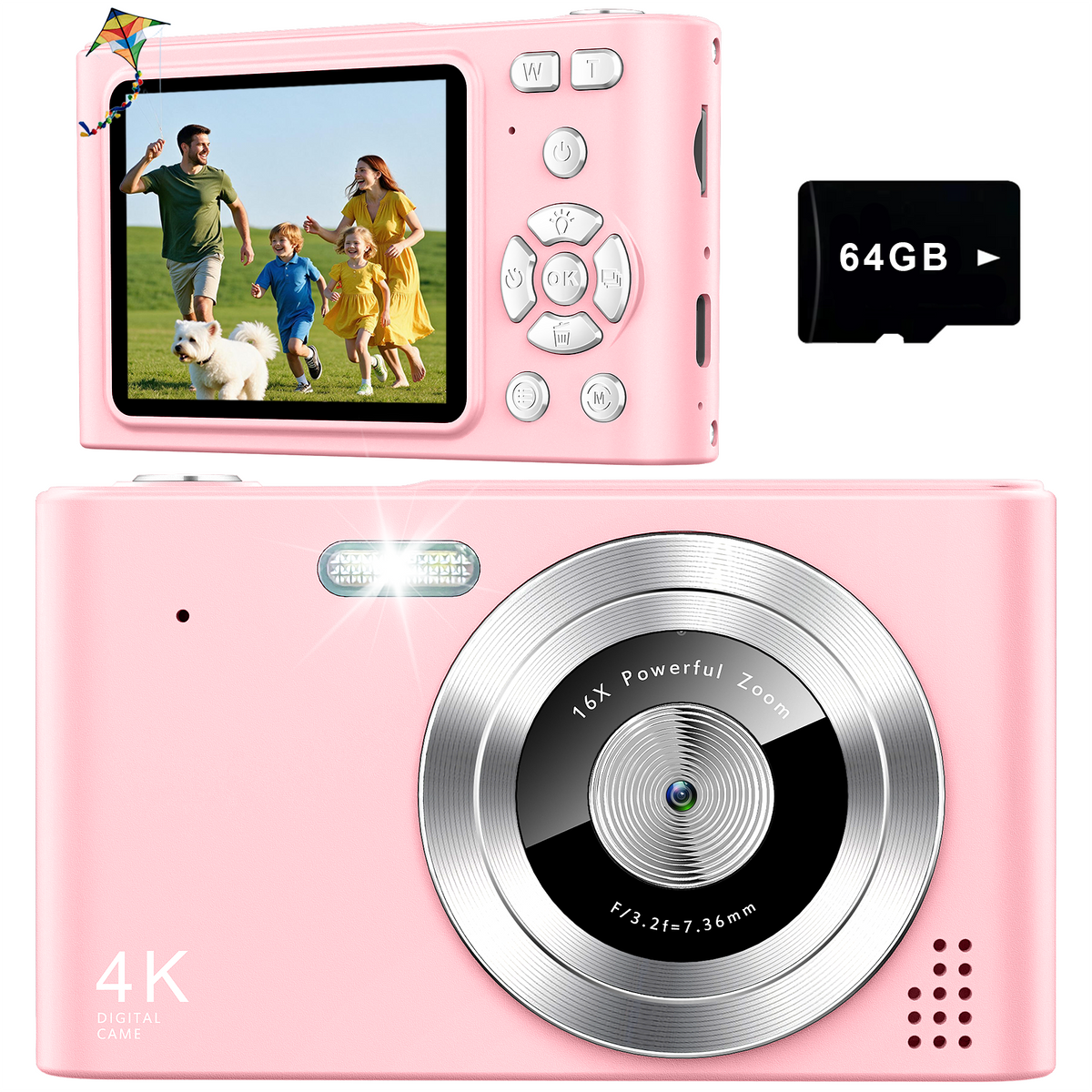 Geryst Digital Camera, Camera for Kids, UHD 4K 48MP Point and Shoot Digital Cameras with 64GB SD Card and 16X Digital Zoom Anti Shake, Compact Portable Small Gift for Boys Girls Students, Pink