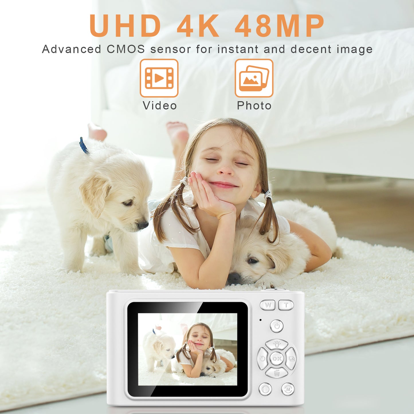 Geryst Digital Camera, Camera for Kids, UHD 4K 48MP Point and Shoot Digital Cameras with 64GB SD Card and 16X Digital Zoom Anti Shake, Compact Portable Small Gift for Boys Girls Students, White