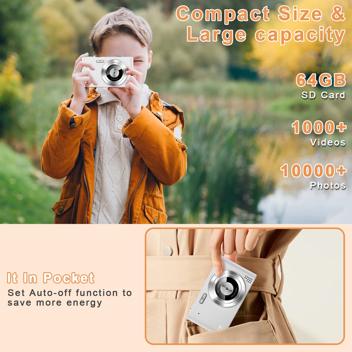 Geryst Digital Camera, Camera for Kids, UHD 4K 48MP Point and Shoot Digital Cameras with 64GB SD Card and 16X Digital Zoom Anti Shake, Compact Portable Small Gift for Boys Girls Students, White