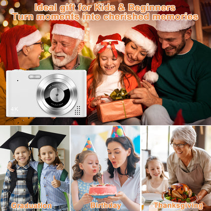 Geryst Digital Camera, Camera for Kids, UHD 4K 48MP Point and Shoot Digital Cameras with 64GB SD Card and 16X Digital Zoom Anti Shake, Compact Portable Small Gift for Boys Girls Students, White