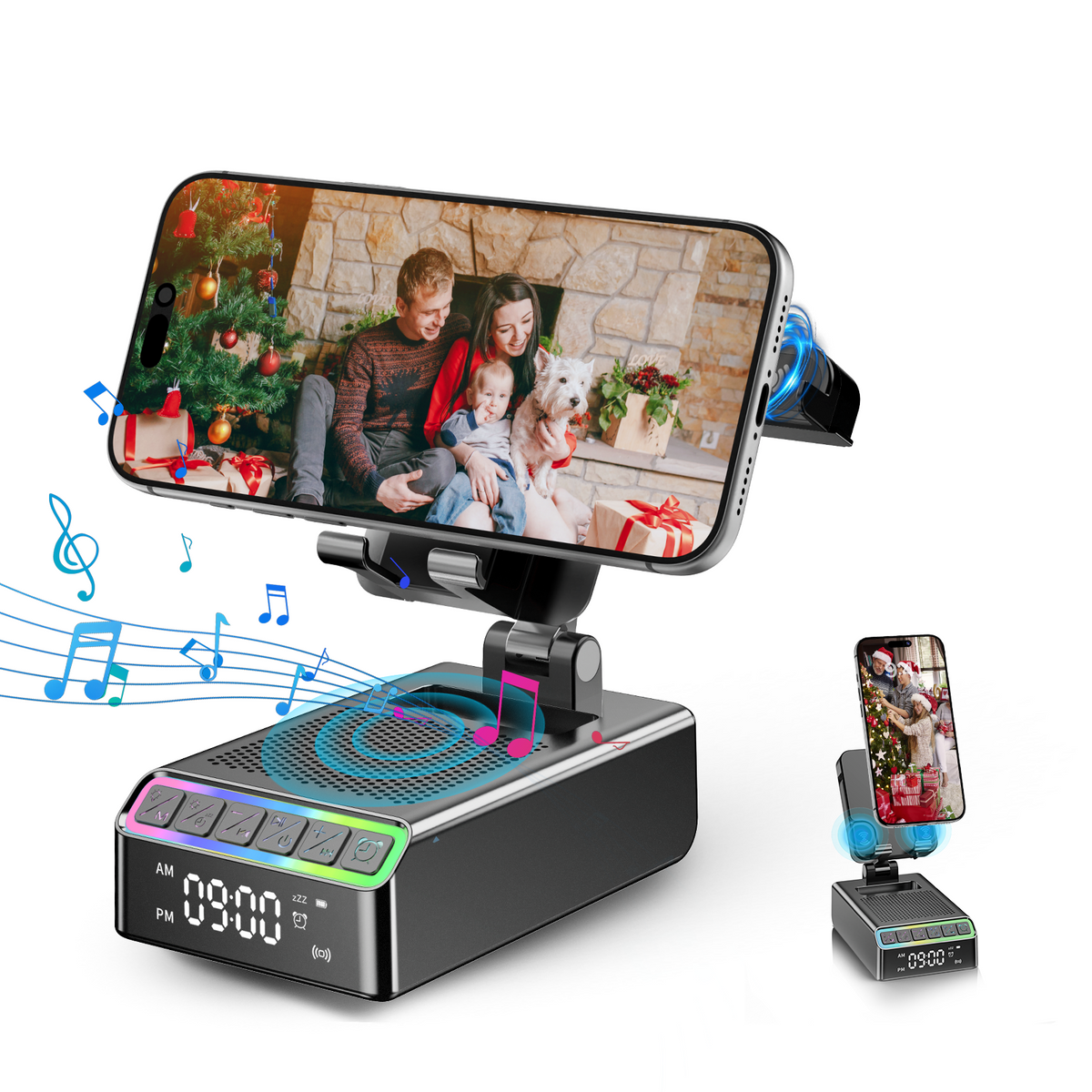 Geryst Wireless Induction Speaker/Phone Stand,9-in-1 Bluetooth 6.0 Speaker | (Landscape/Portrait)Induction,Stereo Sound,Adjustable Phone Holder,RGB/Alarm Clock,Home Office,Gifts for Men Women