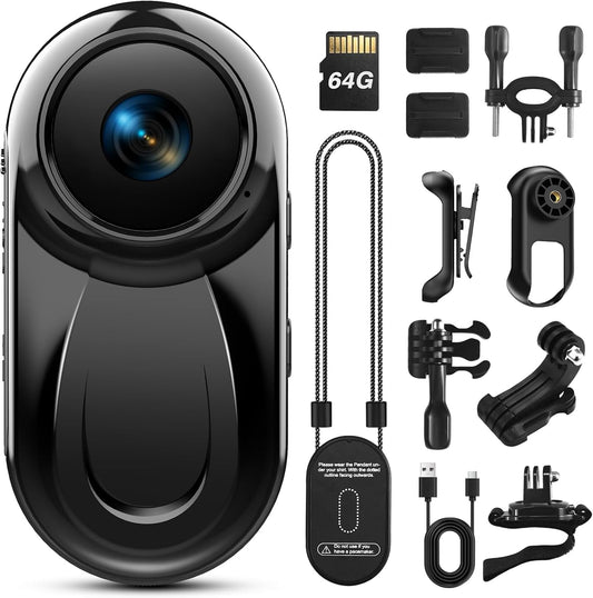 Geryst Mini Body Camera with 64GB Card, 1080P Thumb Vlogging Cam Hands-Free Recording, Tiny Action Camera with 360° Rotate Clip&Magnetic Clip, Wearable Video Recorder for Traveling/Motorcycle