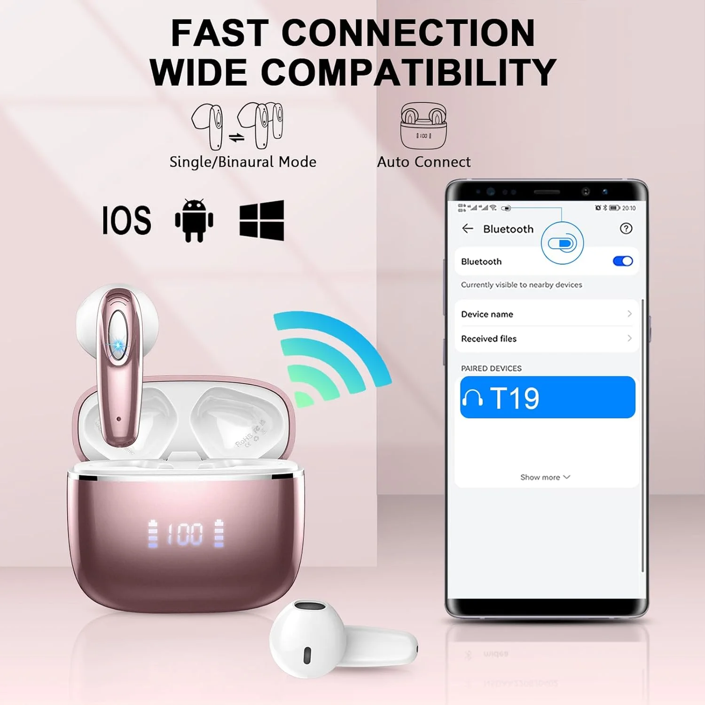 Mugo Wireless Earbud, Bluetooth Headphones 5.3 Built in 4 ENC Mic, Stereo Bass Wireless Earphones, 40H Bluetooth Earbud in-Ear LED Display, USB-C, IP7 Waterproof Sports Ear Buds for Android iOS, Rose Gold