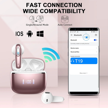 Mugo Wireless Earbud, Bluetooth Headphones 5.3 Built in 4 ENC Mic, Stereo Bass Wireless Earphones, 40H Bluetooth Earbud in-Ear LED Display, USB-C, IP7 Waterproof Sports Ear Buds for Android iOS, Rose Gold