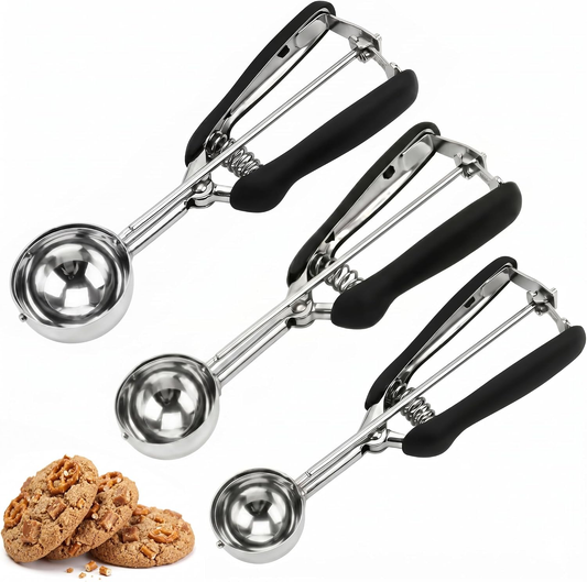 ocxu Cookie Dishers for Baking Set of 3, 18/8 Stainless Steel Cookie Scooper for Baking, Ice Cream Scooper with Trigger Release, Cookie Dough Scoop with Non-slip Grip