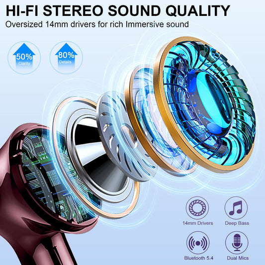 Bluetooth 5.4 Wireless headphone LED display bass stereo headphone, noise reduction microphone IP7 waterproof durable battery life, laptop phablet mobile phone fitness sports