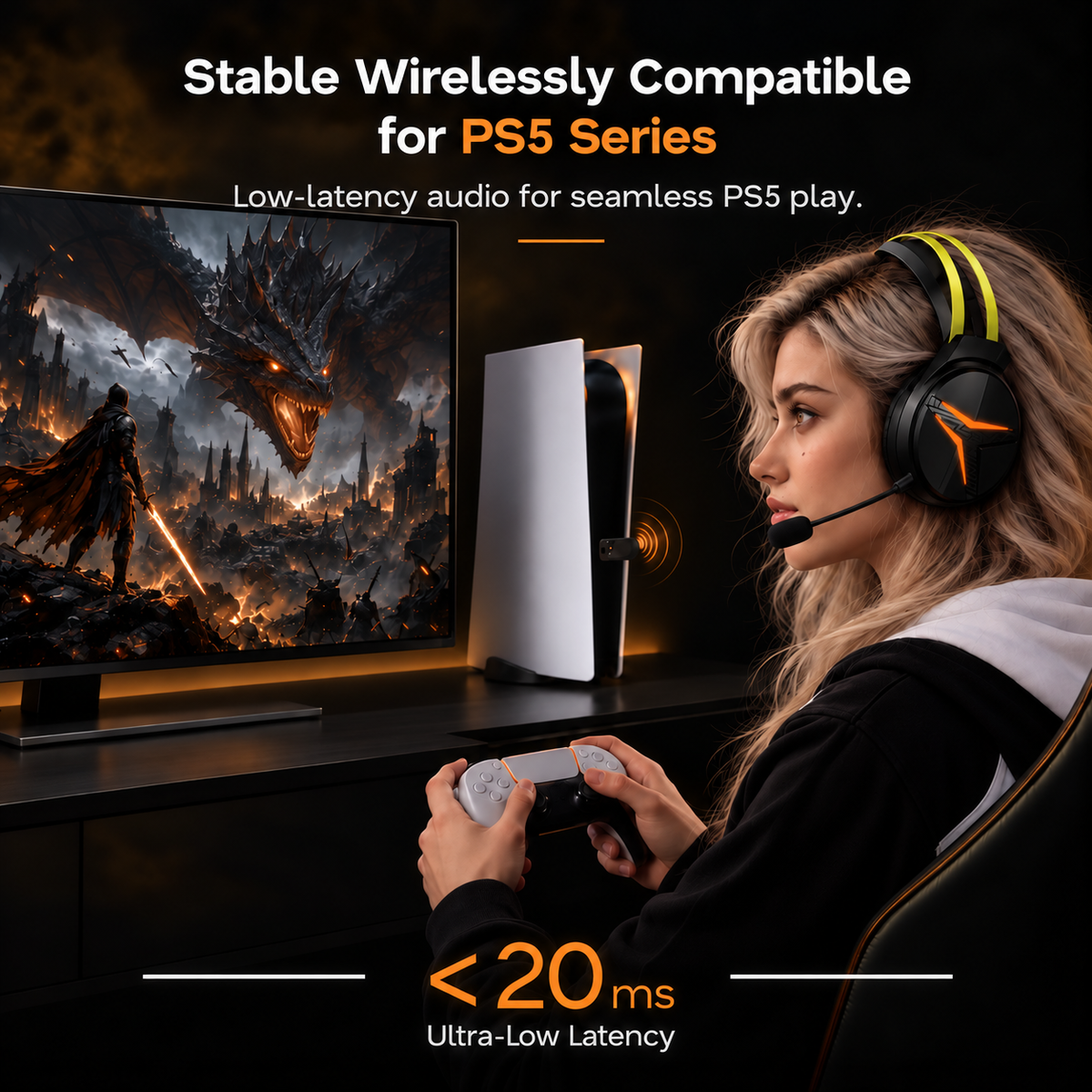 Geryst 2.4GHz Wireless Gaming Headset for PS5/PS4/Switch/PC, Bluetooth Over Ear Gaming Headphones with USB-C Wired Mode, 20ms Low Latency, 50mm Drivers, Noise Cancelling Mic, 40H Battery, green LED Lights
