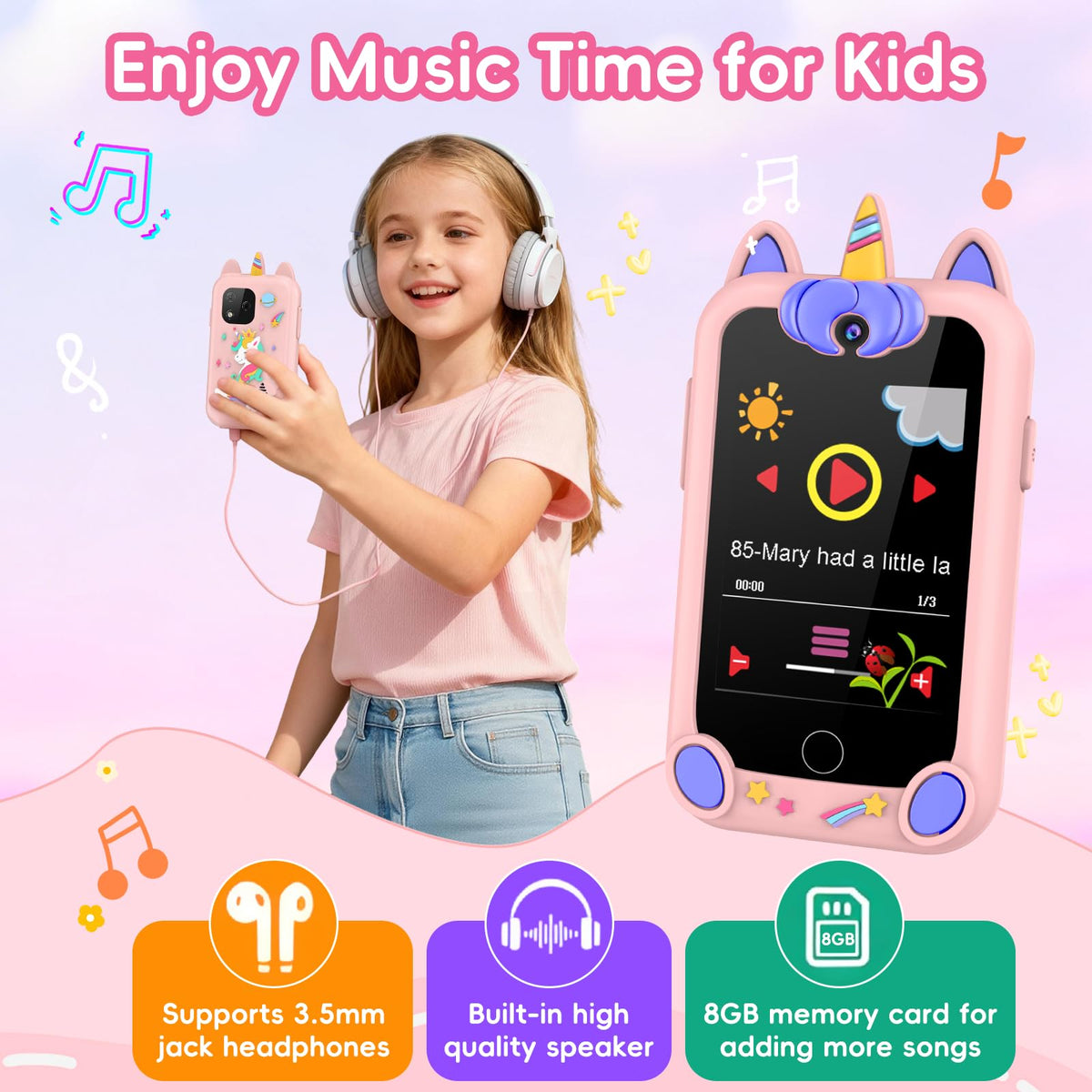 Kids Smart Phone Toy for Boys Girls, 2.8" Touchscreen Toddler Learning Cell Phone Toy with Dual Camera, Games, Music Player, 8GB TF Card, Type-C Rechargeable