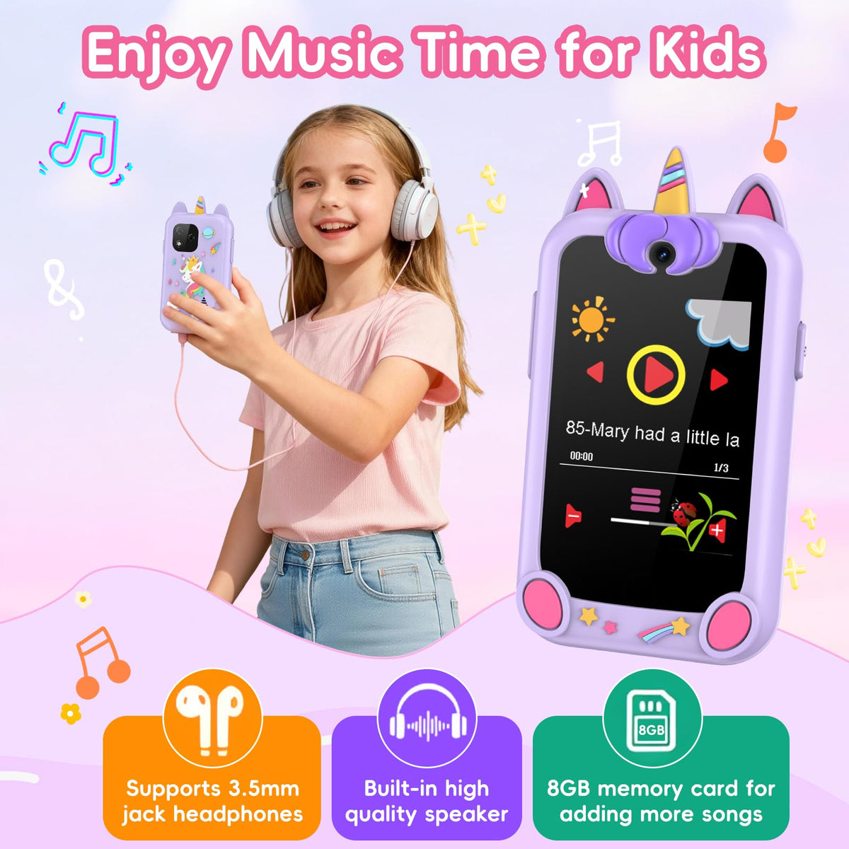 Kids Smart Phone Toy for Boys Girls, 2.8" Touchscreen Toddler Learning Cell Phone Toy with Dual Camera, Games, Music Player, 8GB TF Card, Type-C Rechargeable