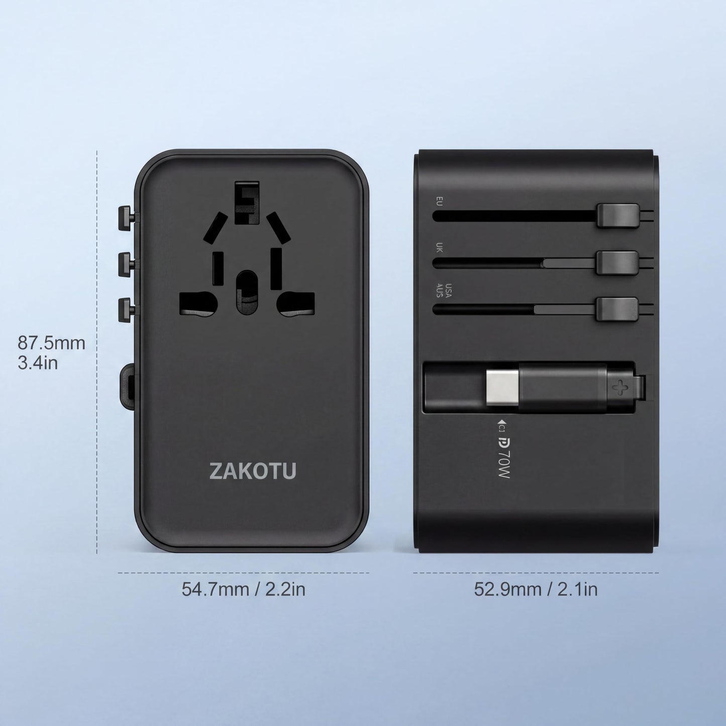 70W Universal Travel Adapter, 5-in-1 International Power Adapter with Retractable USB-C Cable, PD 3.0 Dual USB, Type A C G I Plugs for EU, US, UK, Australia and 200+ Countries, Fast Wall Charger